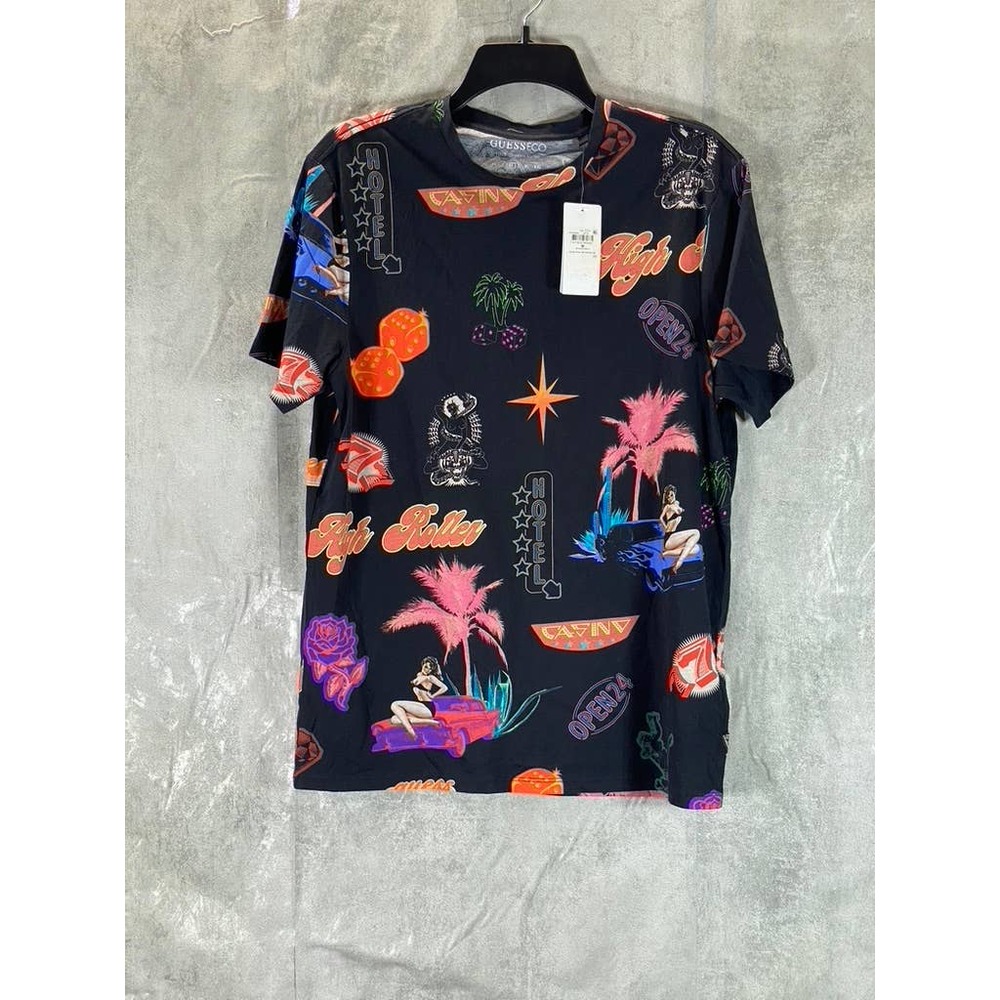 Guess Men's Jet Black Multi Road Trip Print Organic Cotton Slim-Fit T-Shirt SZ M